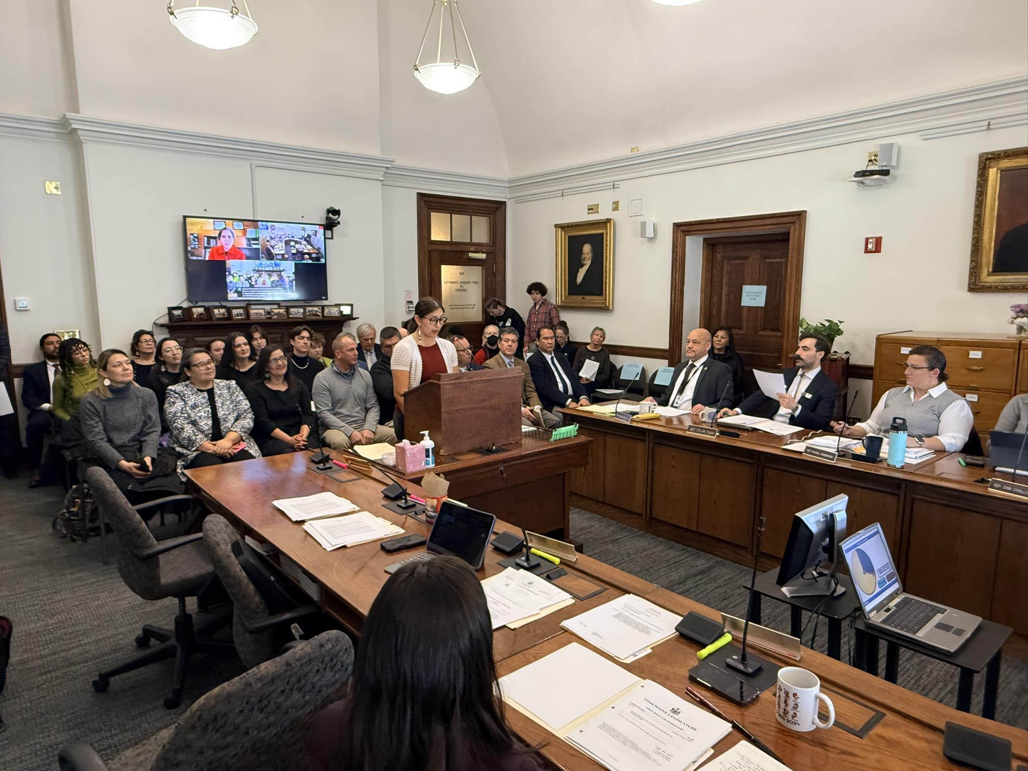 Carmella Ipimin at public hearing Legislative committee room with people waiting to testify in support of a bill
