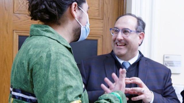 Attendees at Lobby Day and the State of the Tribes address included Osihkiyol Crofton-Macdonald (left), Ambassador of the Houlton Band of Maliseet Indians, and Darren Ranco, a citizen of the Penobscot Nation, Chair of Native
American Programs and Coordinator of Native American Research at the
University of Maine, and a member of the Maine Indian Tribal-State Commission.