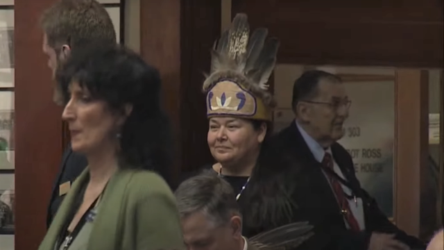 Houlton Band of Maliseet Indians Chief Clarissa Sabattis entering the House chamber for the historic State of the Tribes address to a joint session of the Maine Legislature.