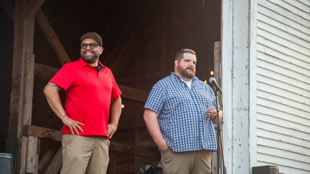 Rep. John Andrews receives his Wabanaki Champion award, presented by Rep. Aaron Dana of the Passamaquoddy Tribe.